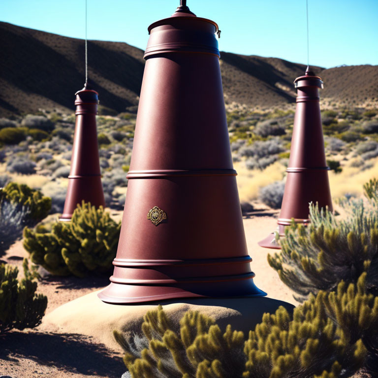 Terracotta bell-shaped figures in desert landscape with green bushes
