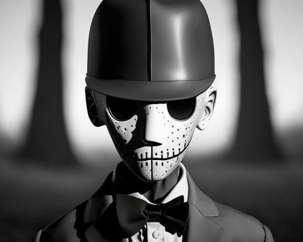 Monochrome stylized figure with skull-like face in helmet and bow tie against tree background