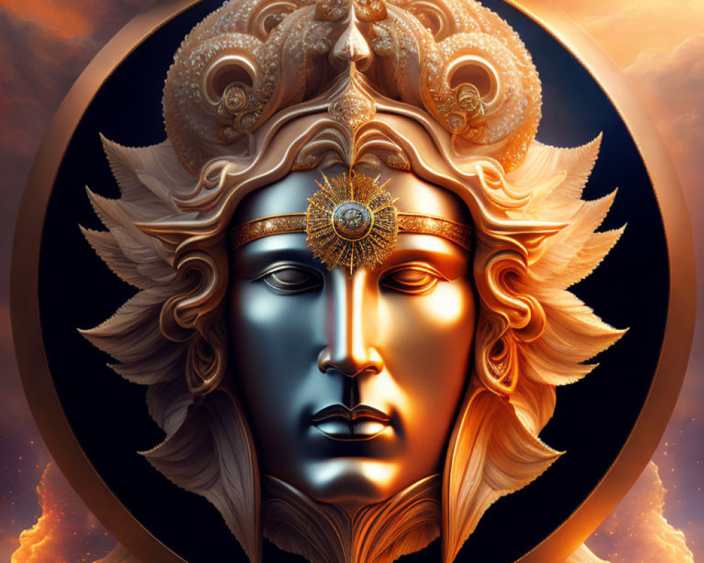 Symmetrical dual-faced figure with golden and silver headgear against fiery sky backdrop