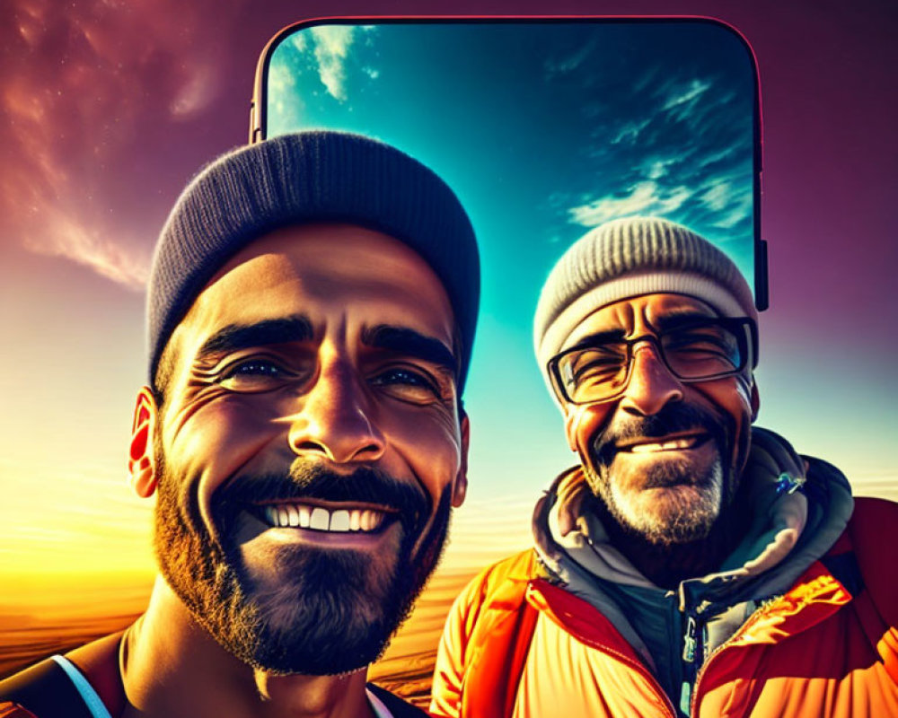Two men taking a selfie at sunset: one young in a beanie, the other older with glasses