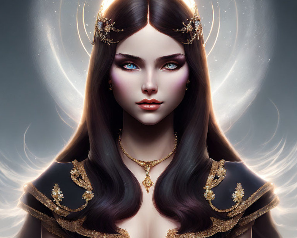Digital Artwork of Woman with Blue Eyes, Golden Headpiece, and Dark Ornate Outfit
