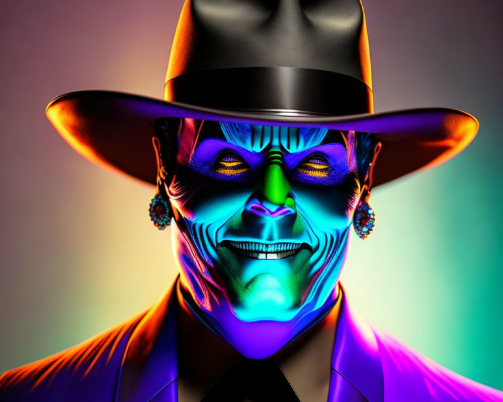 Vibrant portrait of a person with neon glow, hat, earrings, and suit on gradient backdrop