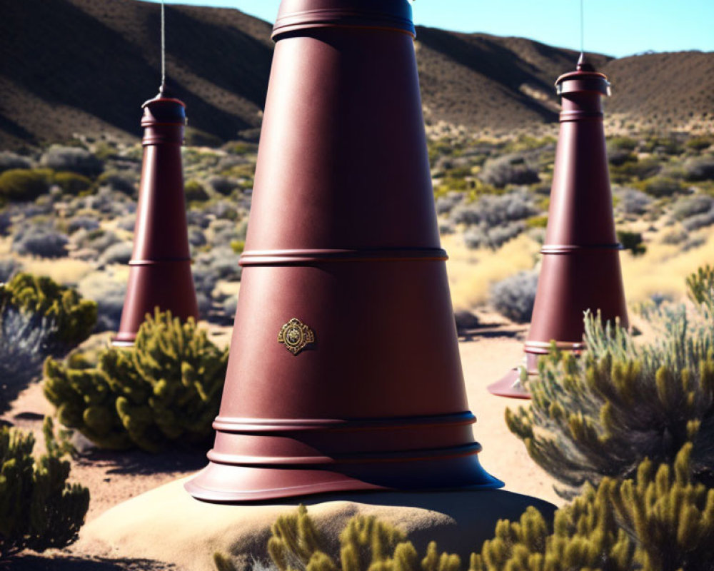 Terracotta bell-shaped figures in desert landscape with green bushes