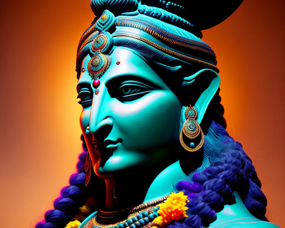 Blue-skinned figure in traditional Indian adornments on orange backdrop