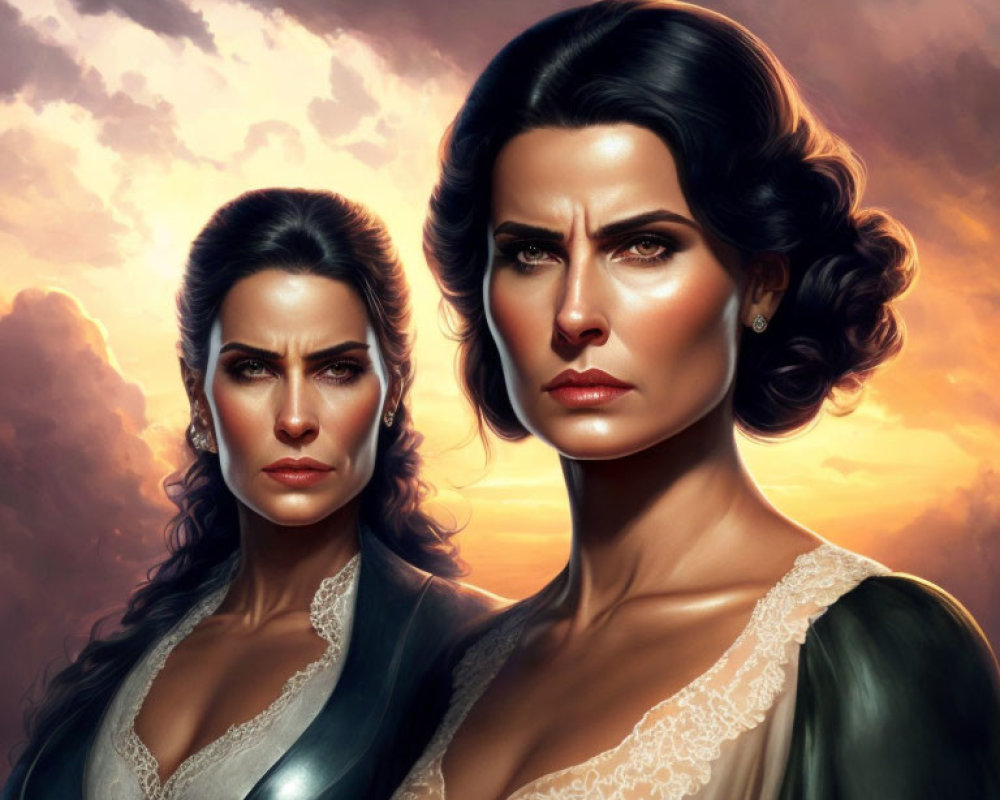 Detailed digital artwork of stern twin women with elaborate hair and makeup against a sunset sky
