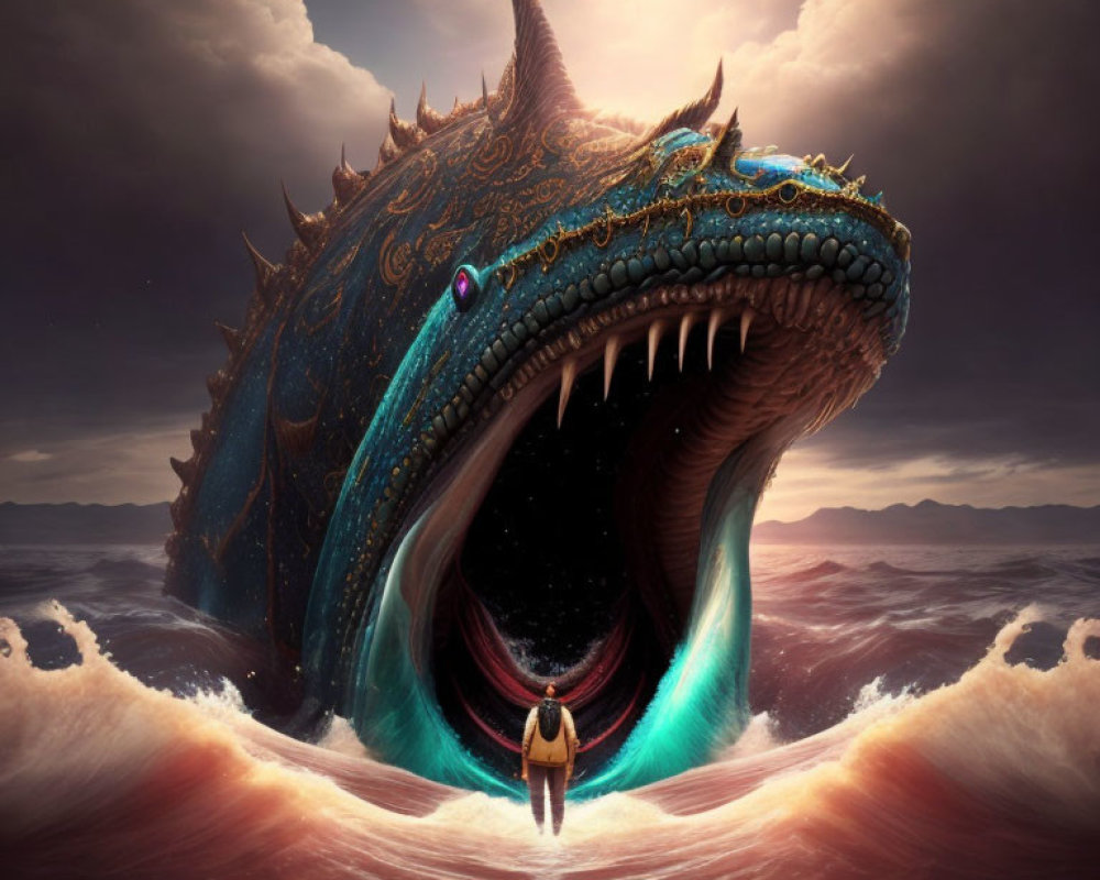 Massive ornately decorated dragon emerging from ocean waves under dramatic sky