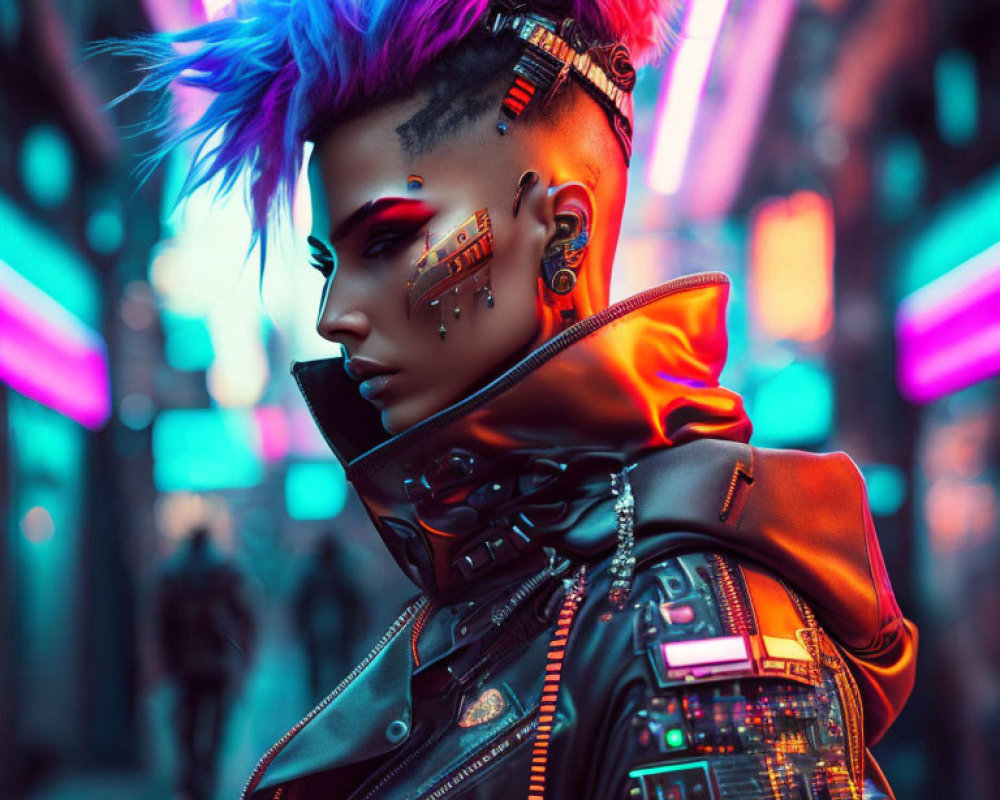 Blue and Purple Spiked Hair with Cyberpunk Accessories in Neon Cityscape