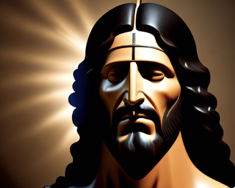 Stylized figure with long hair, crown, and cross on golden background