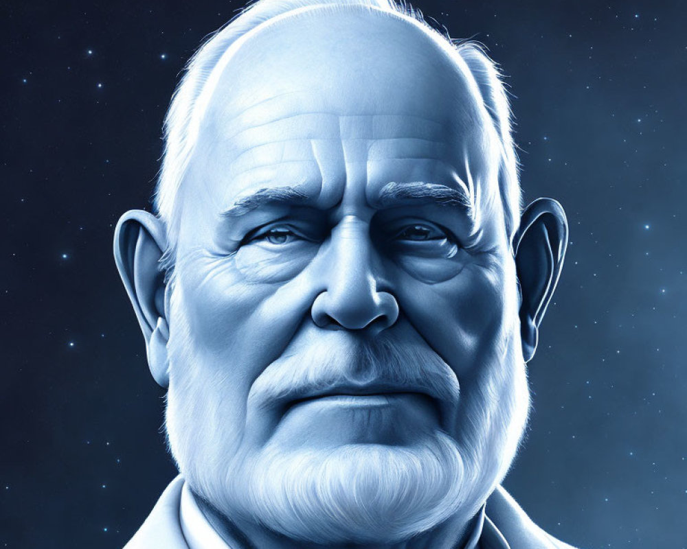 Mature man with white hair and friendly expression on starry background