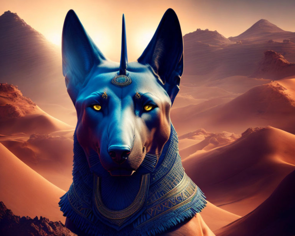 Mystical Blue Anubis with Golden Adornments in Desert Dunes at Dusk