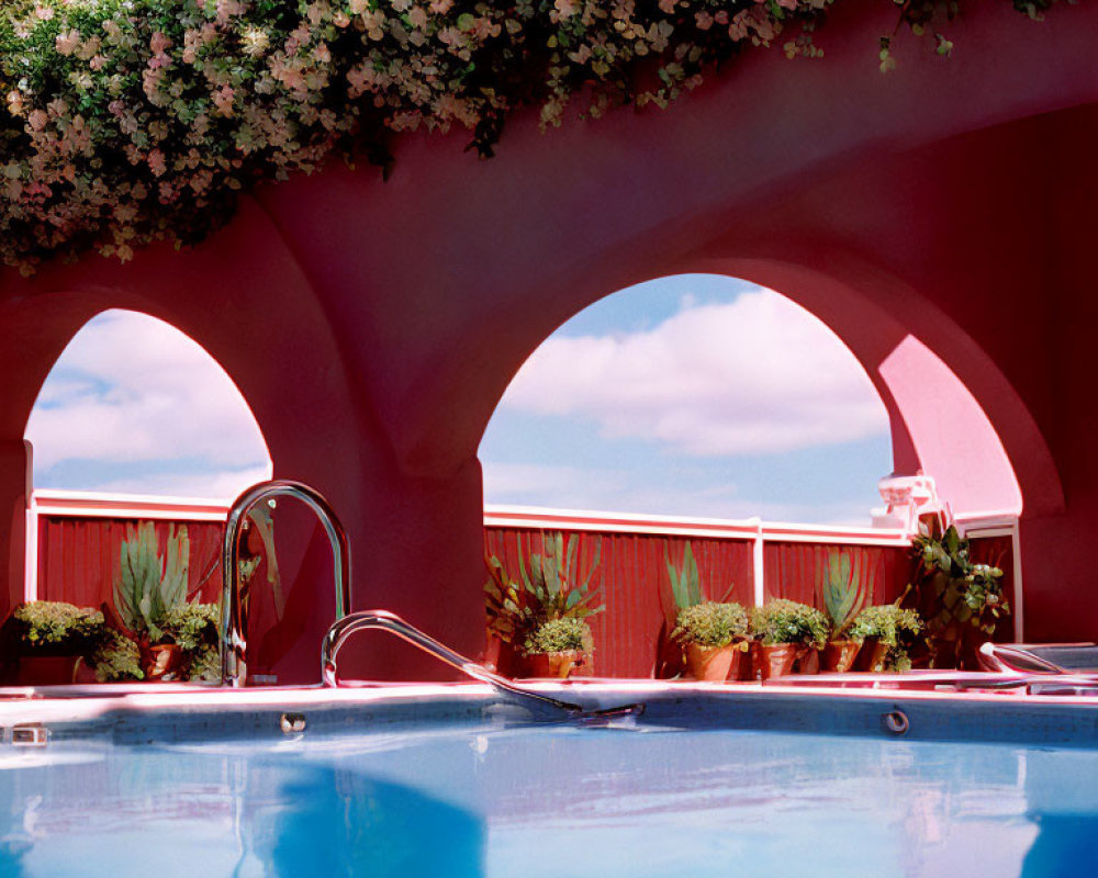 Arch-framed Pool Area with Hanging Flowers and Blue Sky