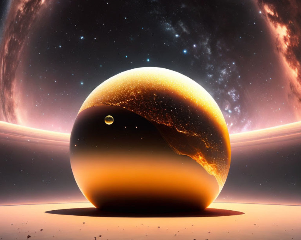 Surreal cosmic scene: textured sphere, moon-like object, glowing horizon