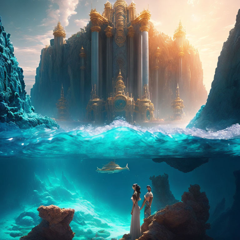 Couple admiring grand underwater city with towering structures in mystical glow.