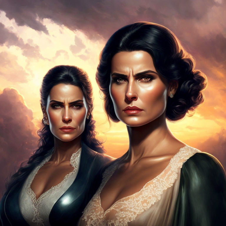 Detailed digital artwork of stern twin women with elaborate hair and makeup against a sunset sky