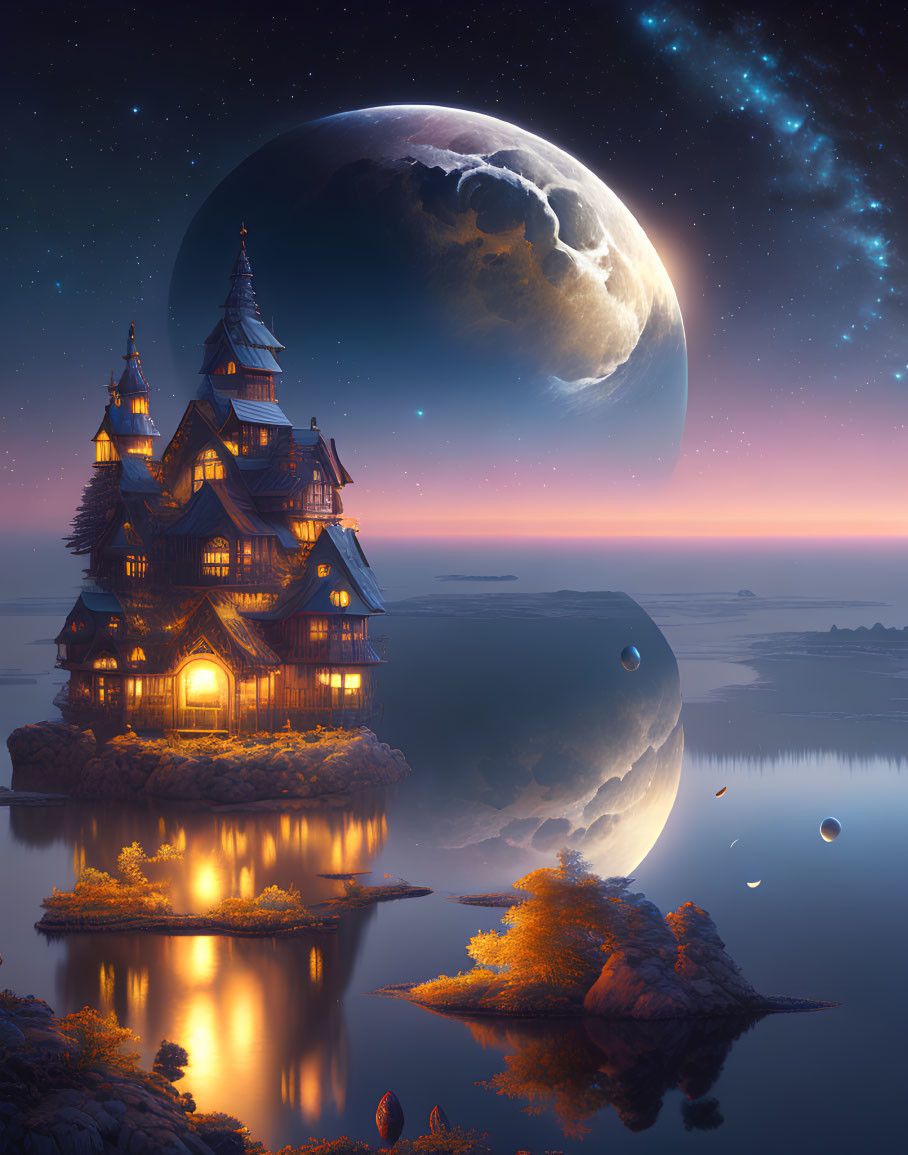 Digital art: Victorian mansion on cliff by serene lake under moonlit sky