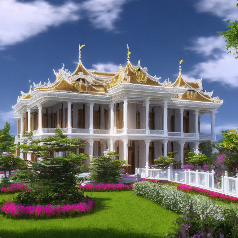 White ornate building with golden roofs in lush garden with pink flowers