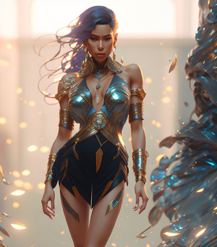 Digital artwork: Woman with blue hair in futuristic gold armor next to swirling metallic structure