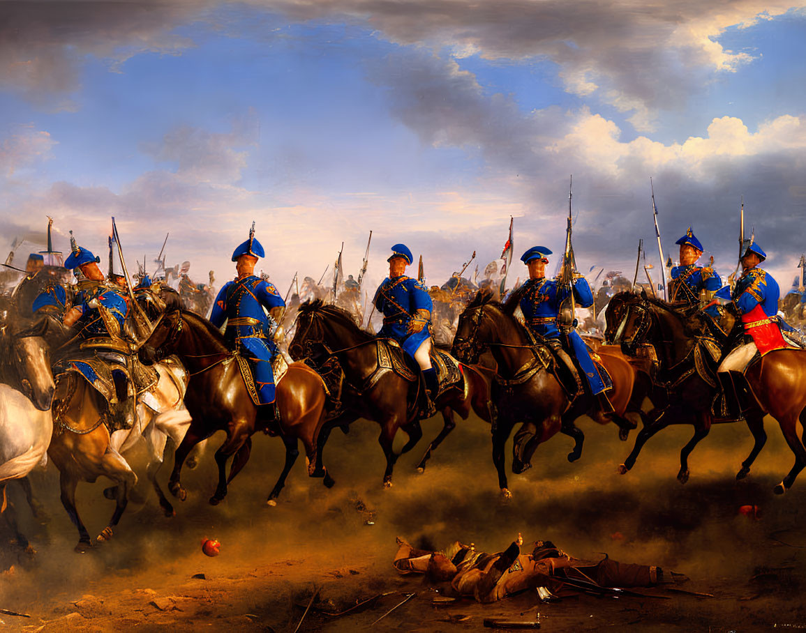 Dramatic painting of cavalry charge in blue uniforms on horseback