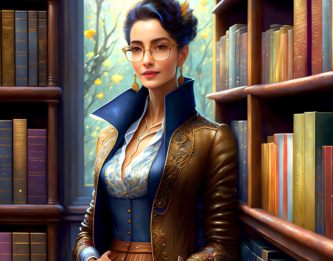Confident woman in elegant glasses with Victorian-style jacket in library setting