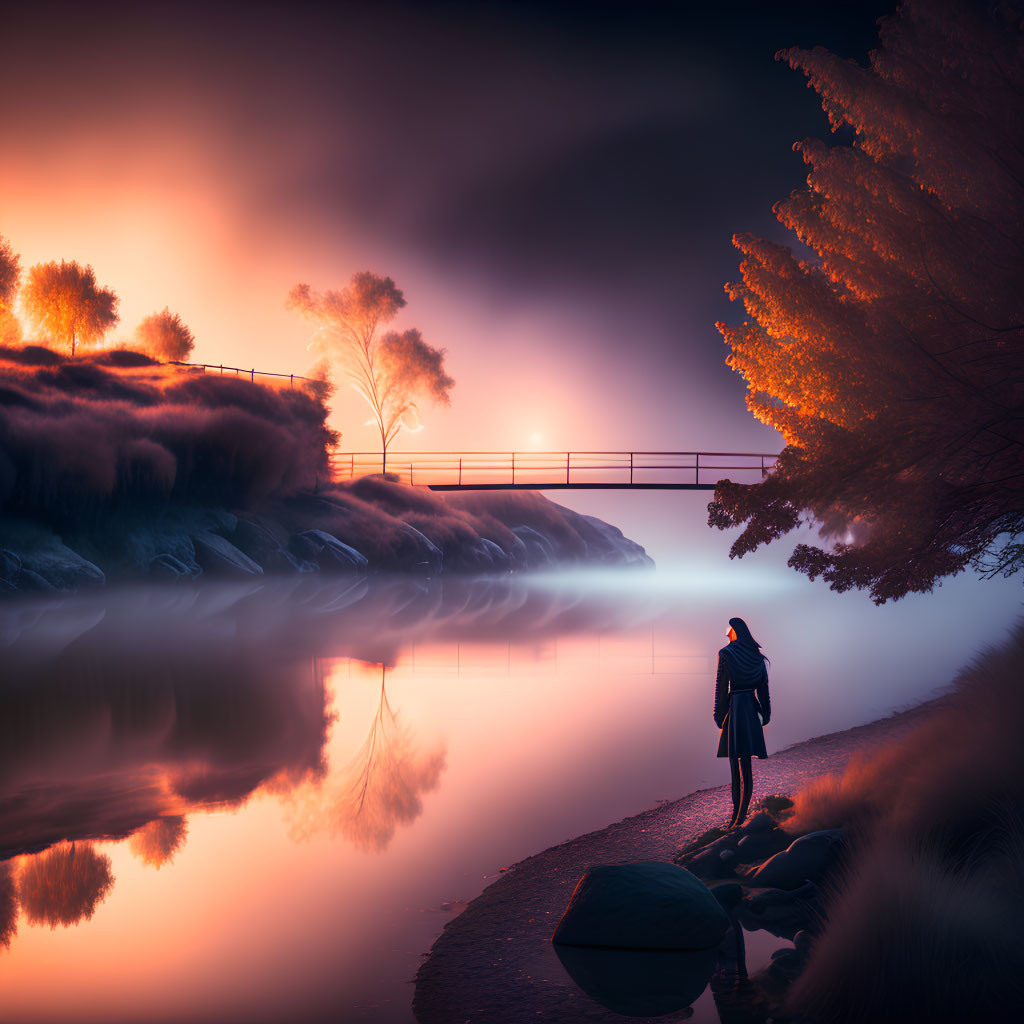 Autumnal twilight scene by calm lake with glowing sky and bridge.