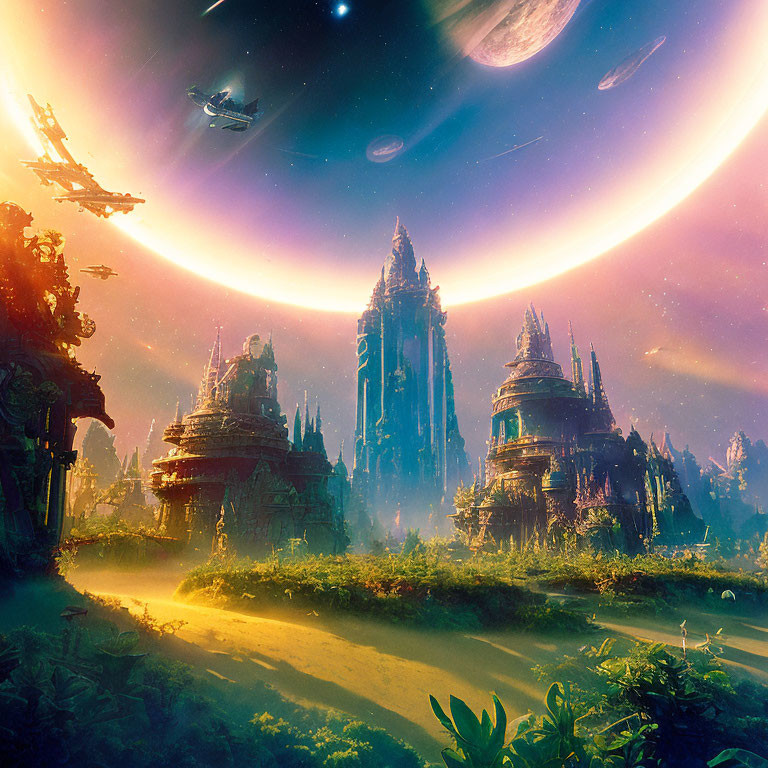 Alien landscape with ancient ruins, vibrant flora, and spaceships.