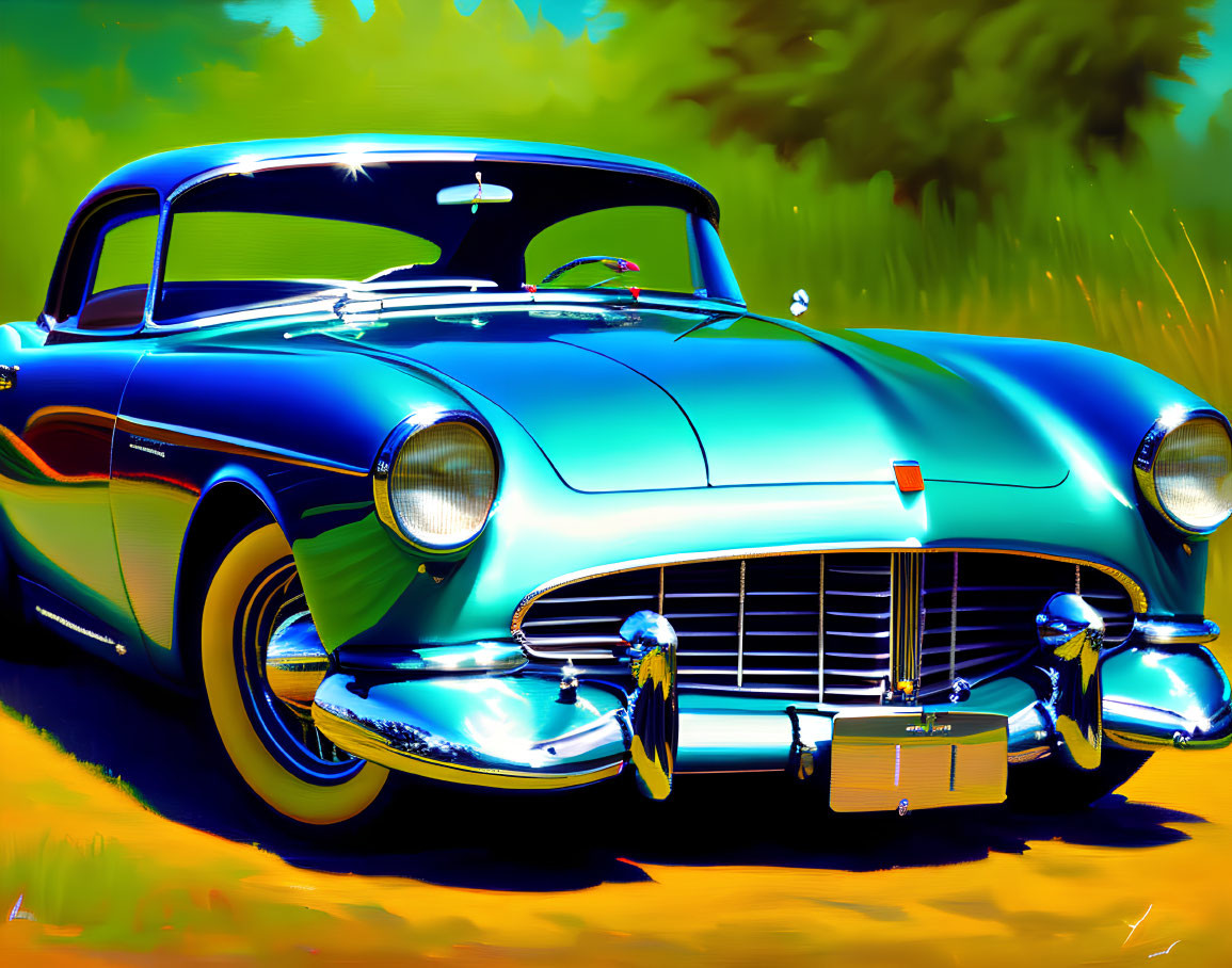 Vibrant classic car with chrome details on green background
