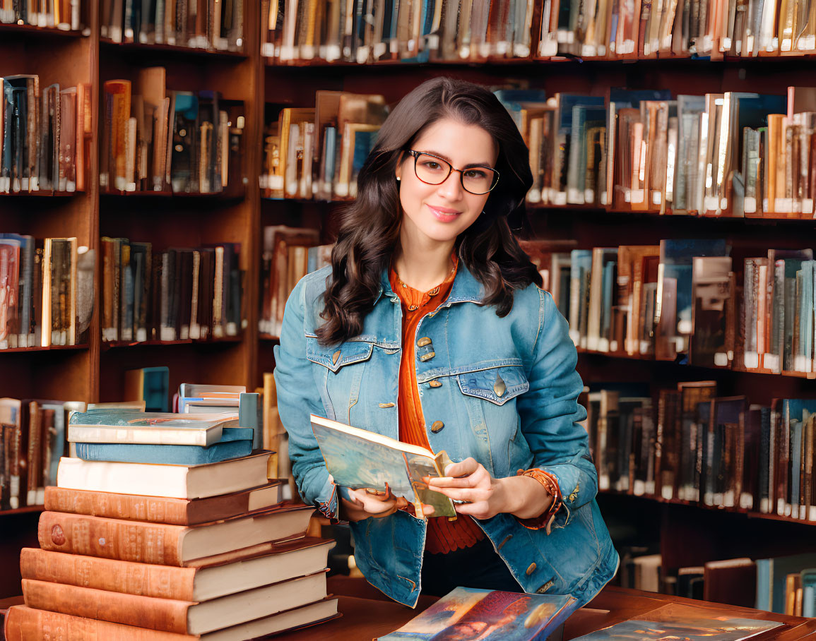 Woman in denim jacket and glasses smiles holding book in cozy library full of shelves.
