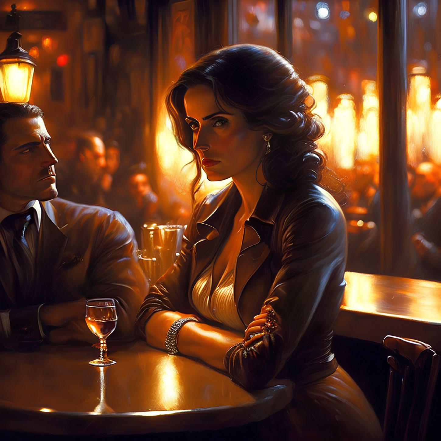 Vintage-style bar scene illustration with man and woman in warm lighting.