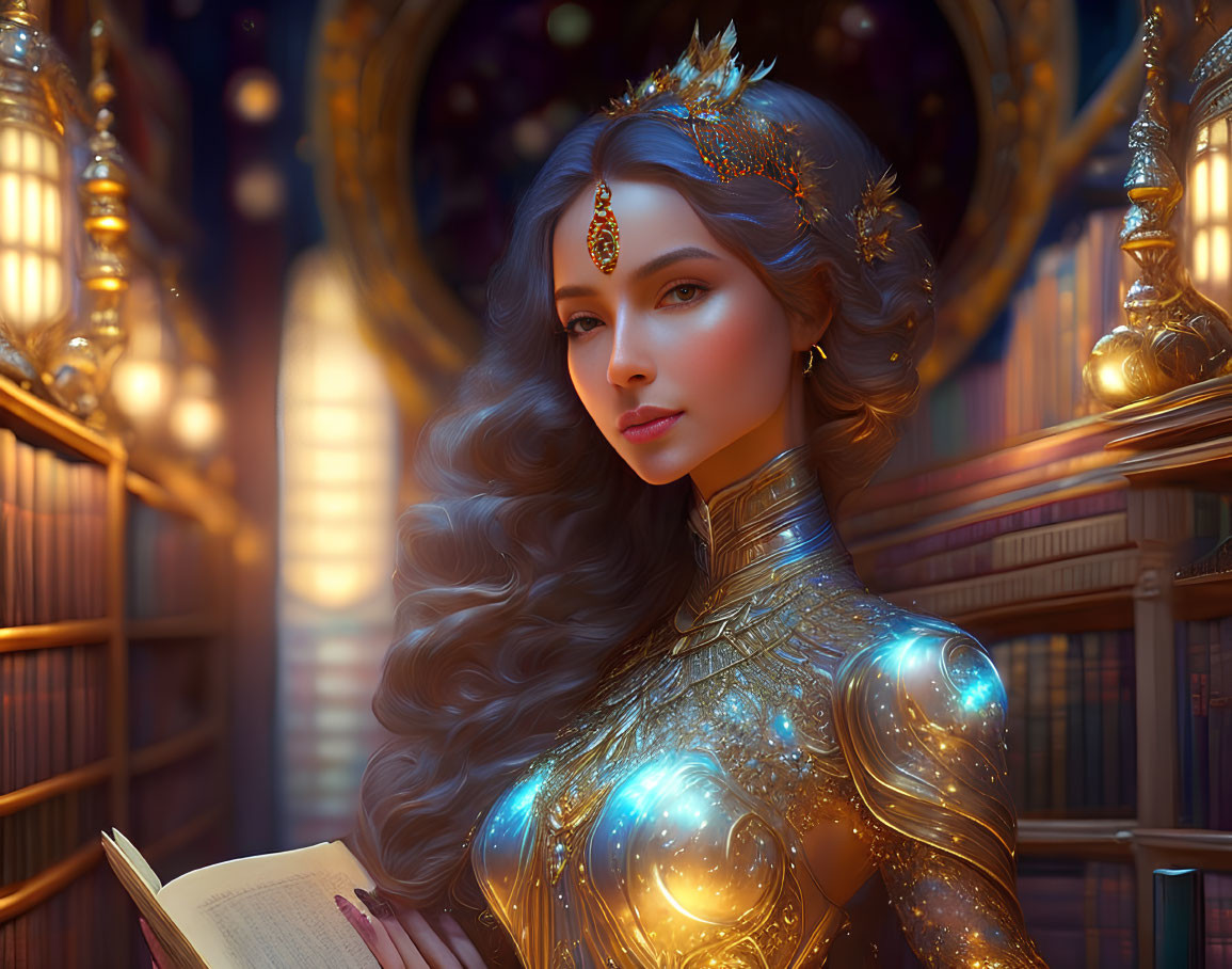 Regal woman in golden armor with open book in luminescent library