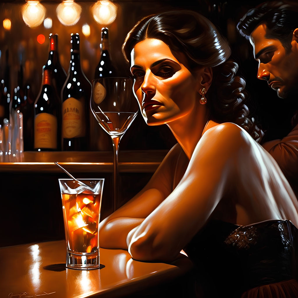 Digital painting of woman and man at bar with whiskey glass under warm lighting