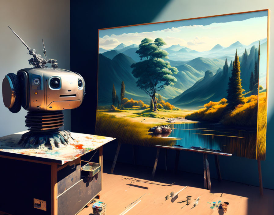 Robotic figure with camera eyes near landscape painting and artist's palette