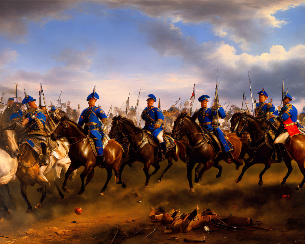 Dramatic painting of cavalry charge in blue uniforms on horseback