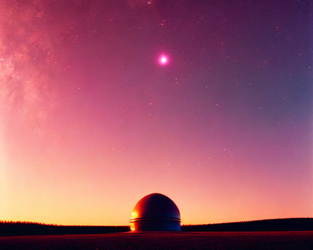 Starry sky observatory at dusk with pink and purple hues