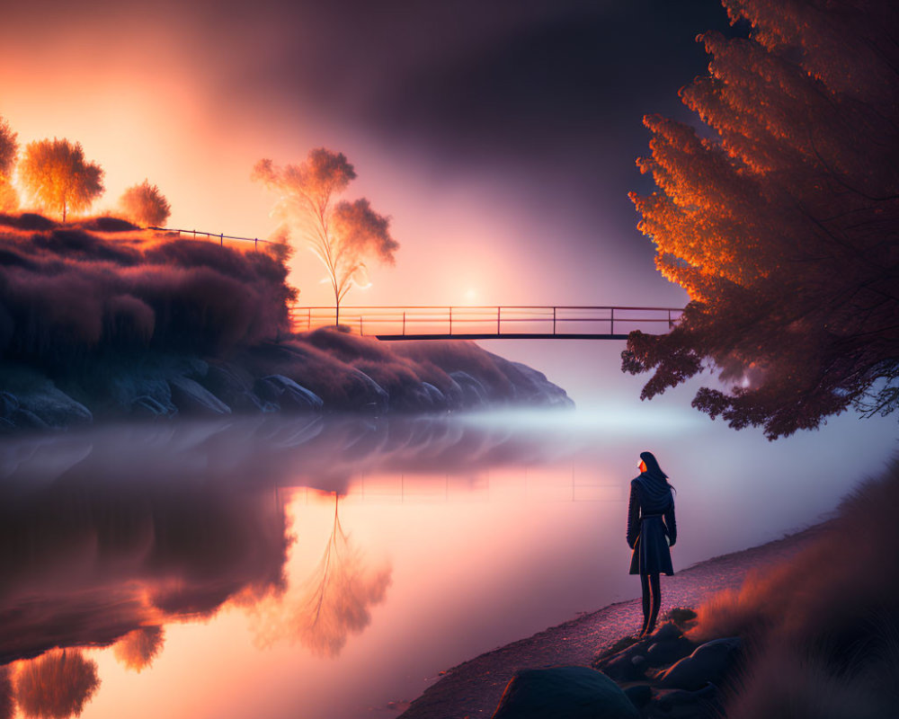 Autumnal twilight scene by calm lake with glowing sky and bridge.