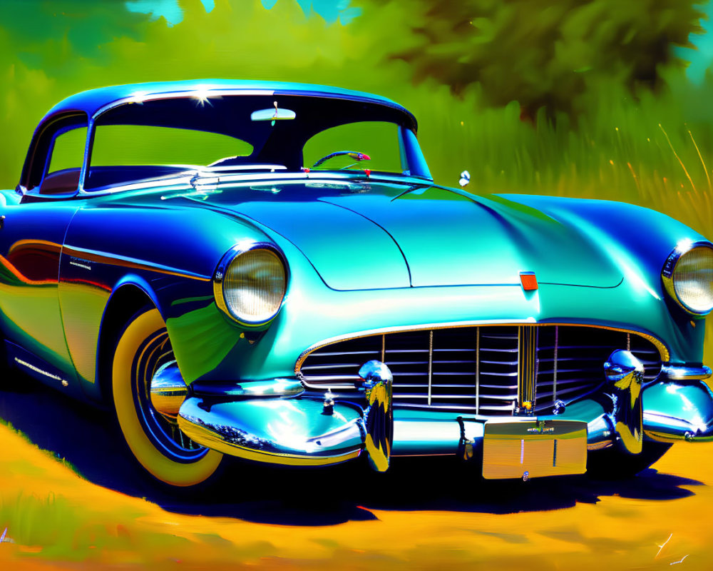 Vibrant classic car with chrome details on green background