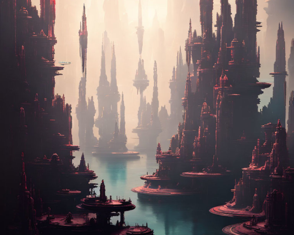 Futuristic cityscape with towering spires in misty ambiance
