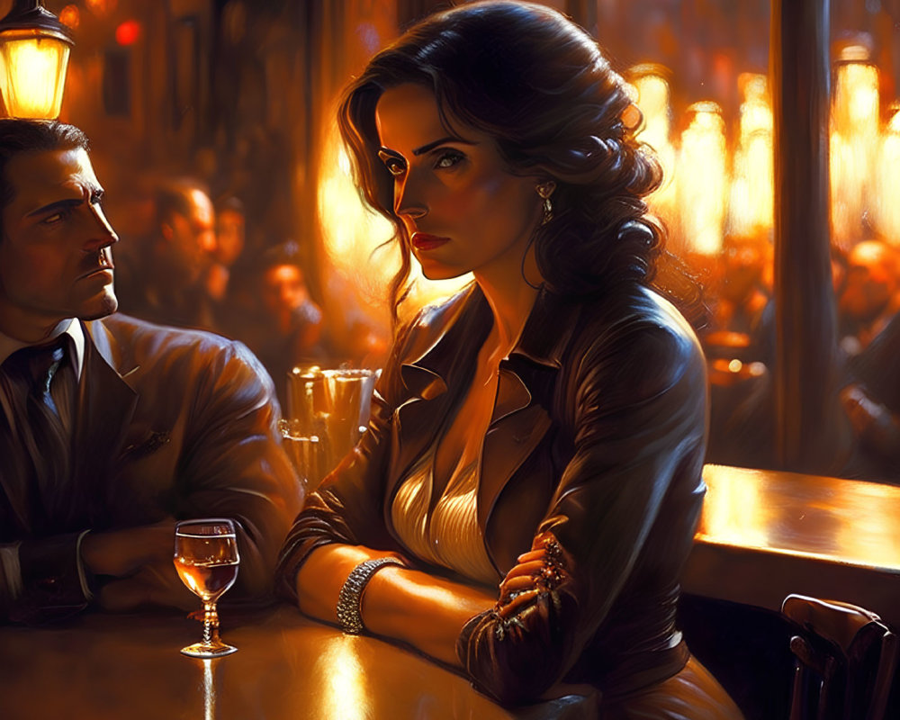 Vintage-style bar scene illustration with man and woman in warm lighting.