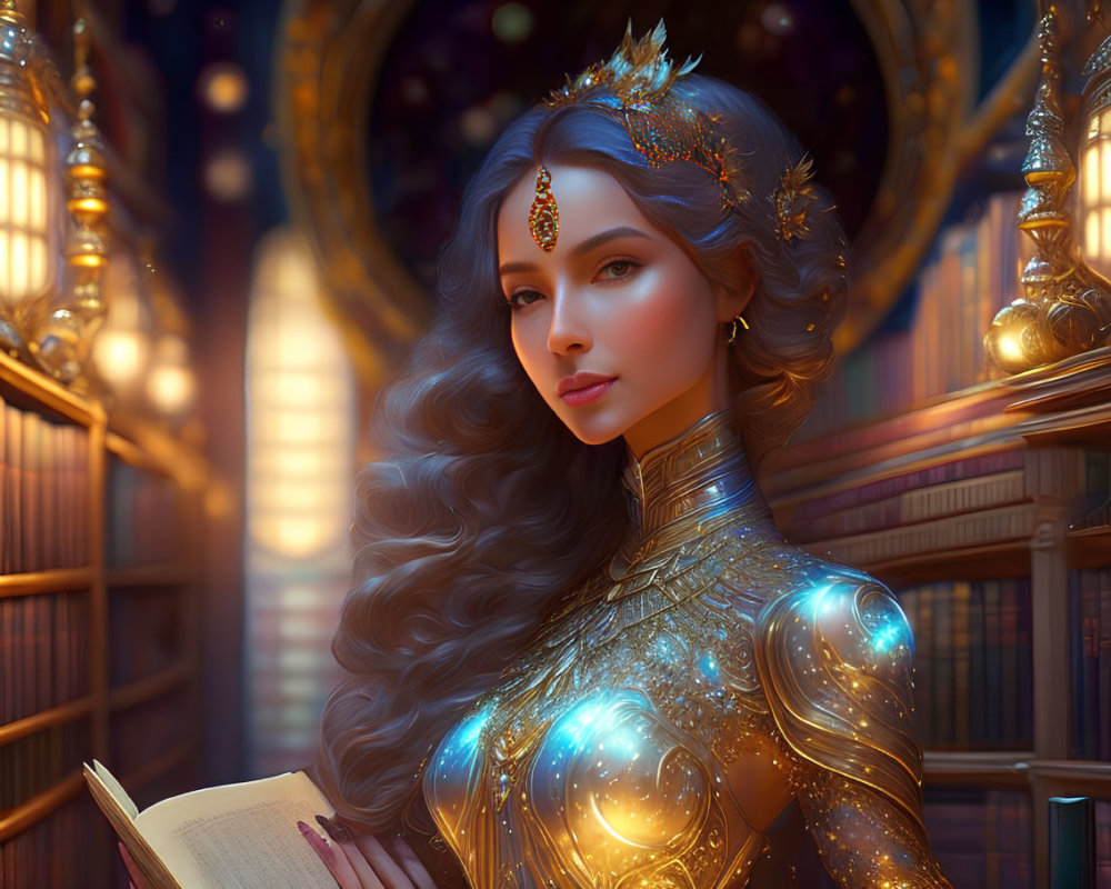 Regal woman in golden armor with open book in luminescent library