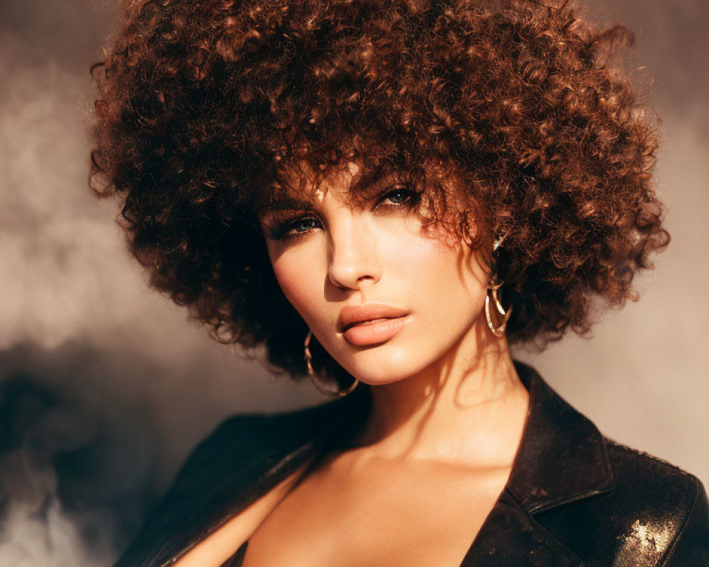 Curly-Haired Woman in Leather Jacket and Hoop Earrings with Smoke Background