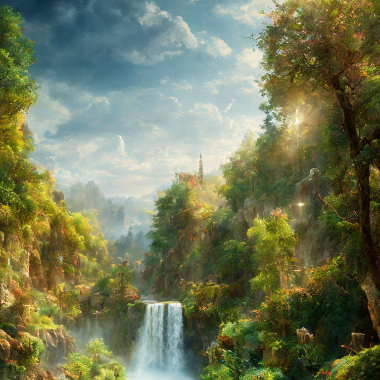 Fantasy waterfall surrounded by lush green foliage and distant castle peak