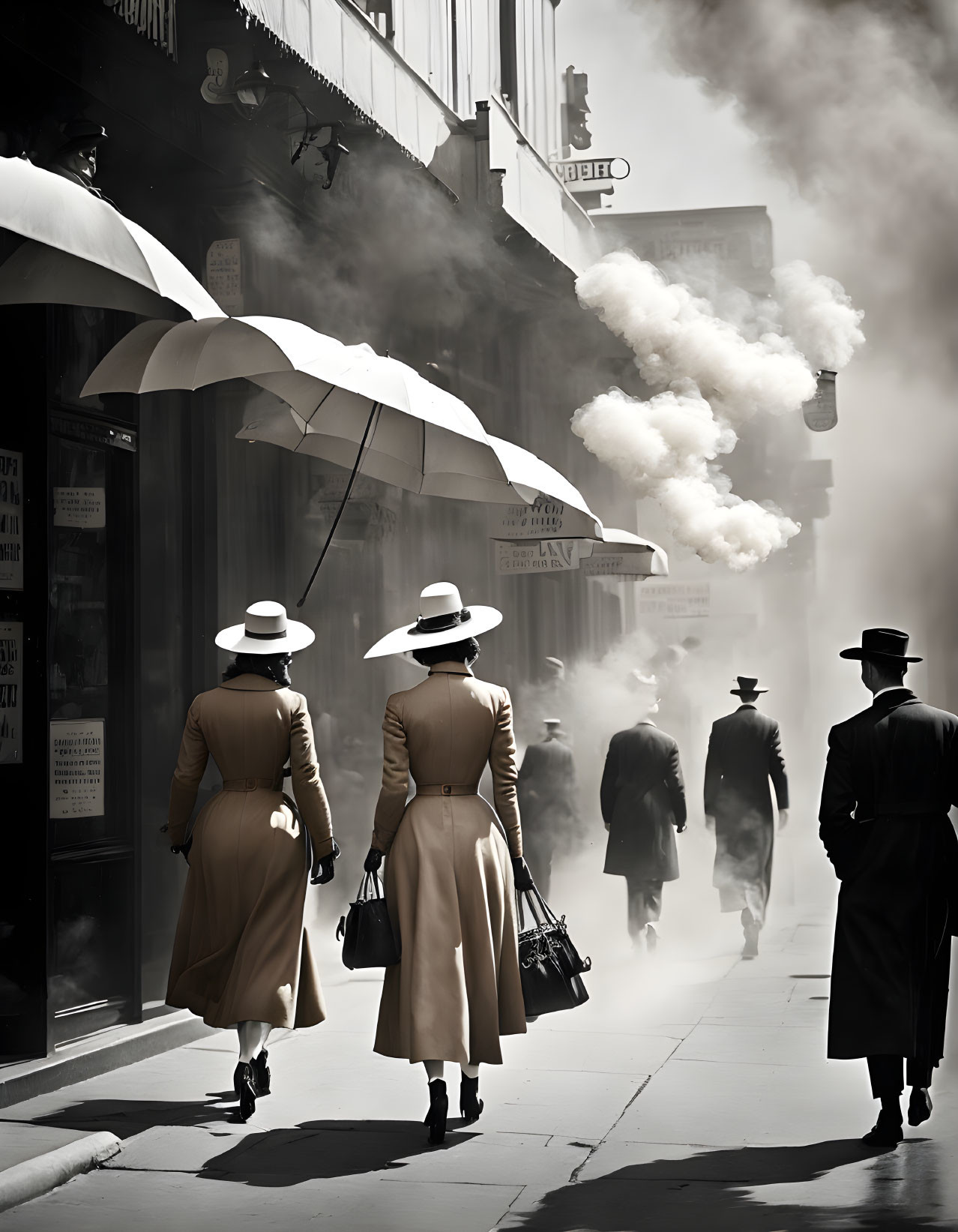 Pair in trench coats and hats stroll misty street with shops and pedestrians