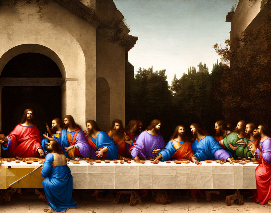 Religious painting of Last Supper scene with Jesus and apostles in serene setting