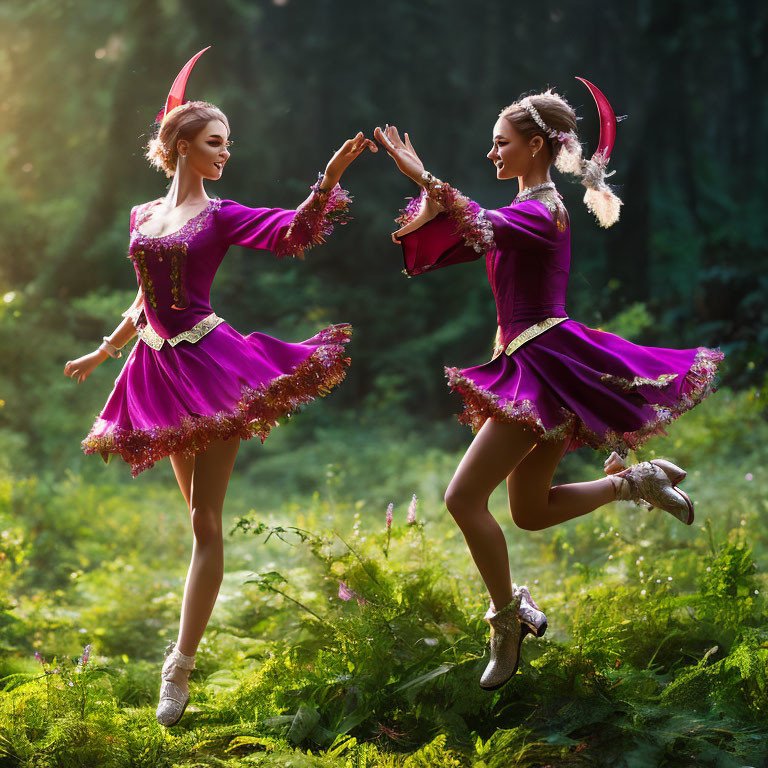 Vibrant purple dancers synchronized jump in sunlit forest