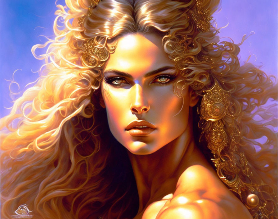 Woman with Voluminous Golden Curls and Ornate Gold Jewelry