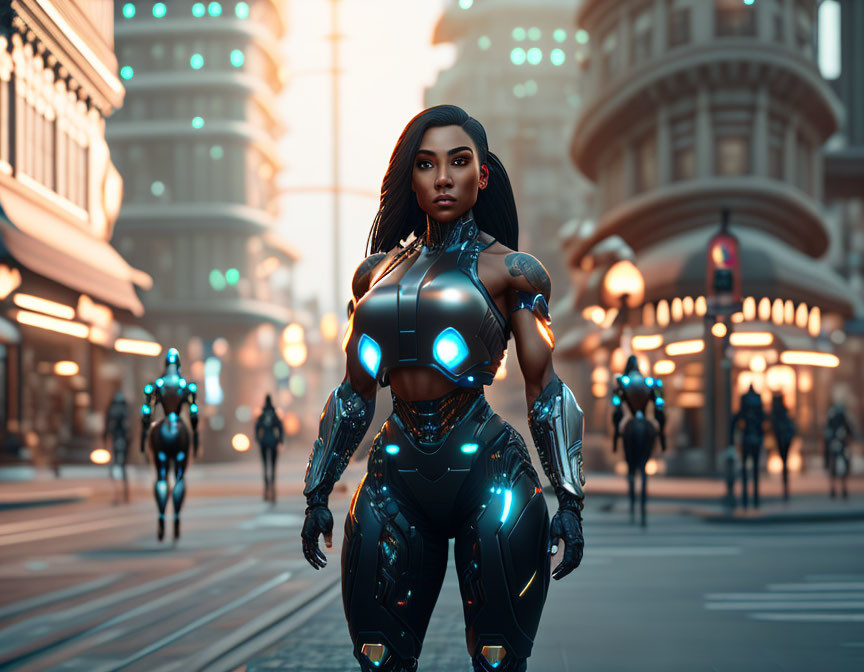 Futuristic armor-clad woman in city with robots and neon lights