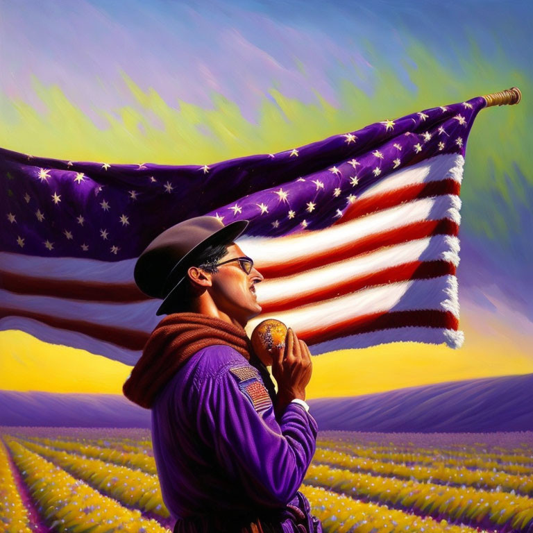 Illustration of man with American flag in cornfield scenery