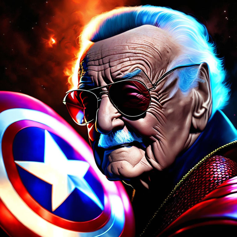 Senior man with sunglasses and mustache next to glowing Captain America shield in cosmic scene
