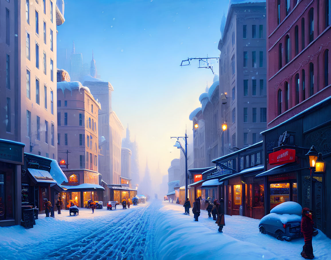 Snowy city street at dusk: Cozy winter scene with illuminated shop fronts