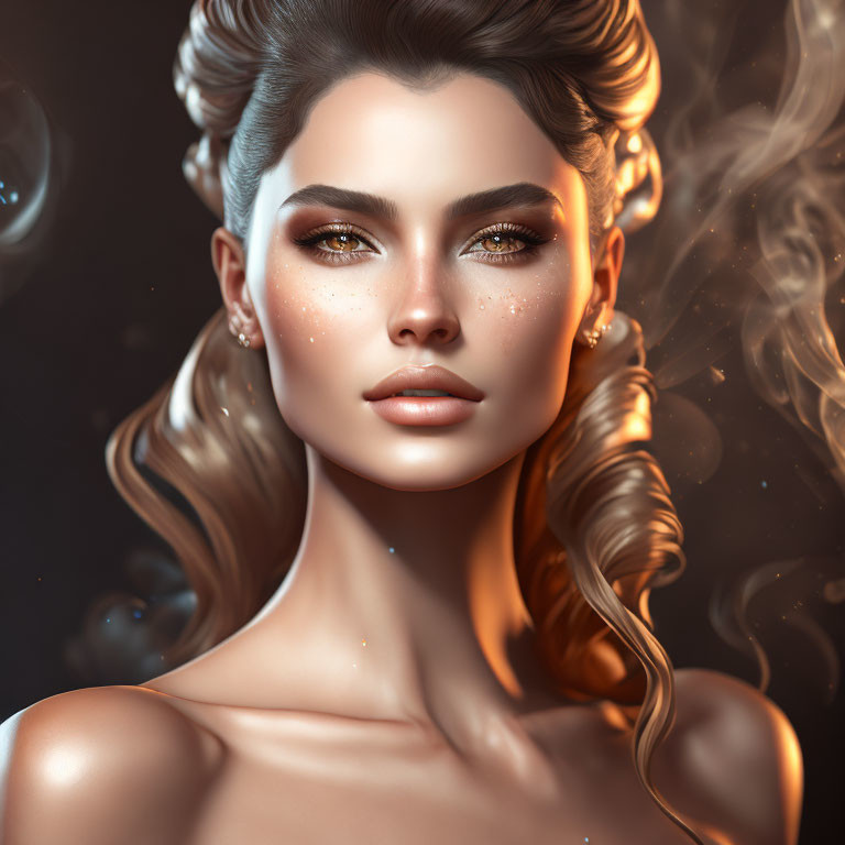 Detailed 3D digital portrait of a woman with smoky eye makeup and freckles