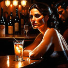 Digital painting of woman and man at bar with whiskey glass under warm lighting